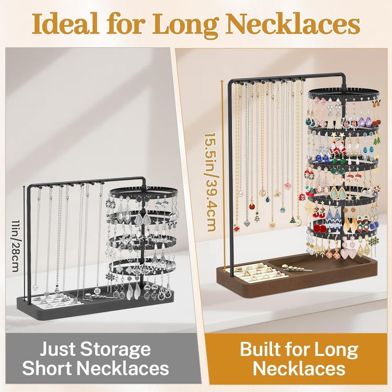 MODOWEY Earring Holder Organizer Jewelry Stand, 285 U-Slots Adjustable Rotating Earring Tree Rack, 14 Hooks Tall Necklace Display for Women, 5 Tier Compact Large Capacity Tower with Ring Tray, Black - Image 5